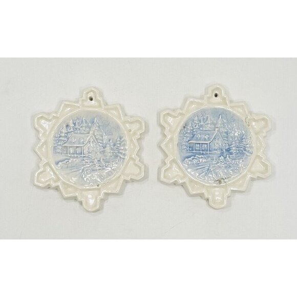 Set of 2 Vintage Snowflake Ornaments Ceramic Winter Scenes 3D Duncan 3.5” White - Picture 3 of 10
